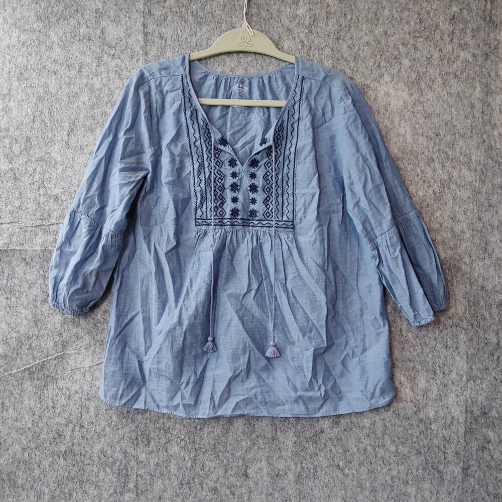 Summer Festival St. John's Bay Peasant Embroidered Boho Tassels Chambray Blouse